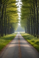 Fototapeta premium there is a long road that is lined with trees and grass