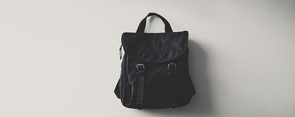 A stylish black backpack hangs against a minimalistic wall, perfect for everyday use or travel