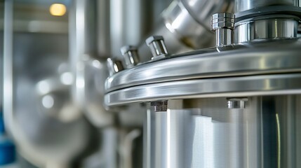 Close-up of stainless steel industrial mixing tank with pipes and valves.