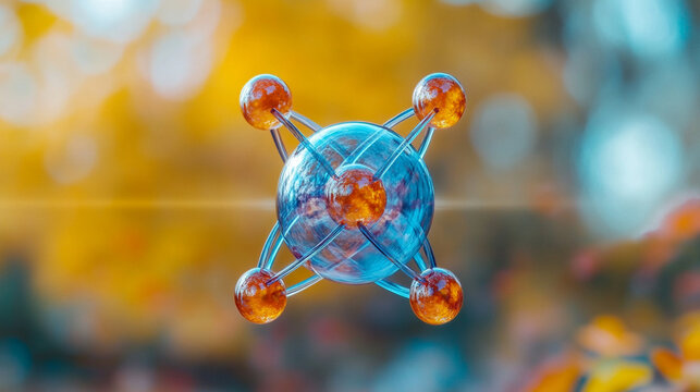 A yellow and blue atom model floats over a blurred background, symbolizing scientific discovery, energy, and complexity. The contrasting colors represent balance, innovation, and the chaos of nature