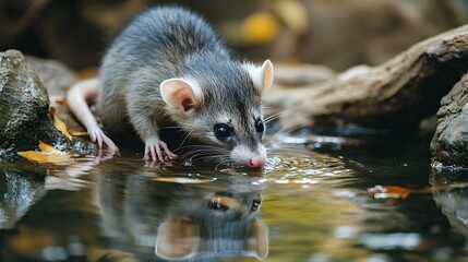 Fototapeta premium Opossum View of a drinking water from a lake