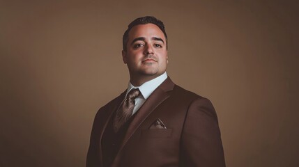 Stylish American model in dark brown suit for wedding photoshoot