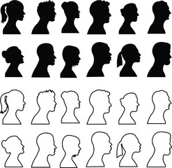 user profile, person icon in flat, line set isolated in transparent background Suitable for social media man, women profiles, screensavers depicting male, female face silhouettes vector apps website