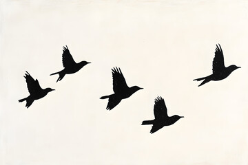Fototapeta premium Black bird silhouettes flying in formation, minimalist nature art, flock of birds in sky, freedom concept, wildlife migration, simple aesthetic, artistic black and white image