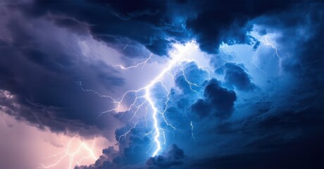 Powerful lightning bolt striking through dark storm clouds, illuminating sky with electric blue and purple hues, creating dramatic contrast between brightness and shadow