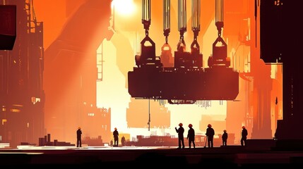 Industrial scene with workers and machinery at sunset