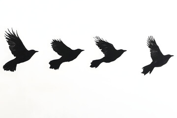 Obraz premium Flying bird silhouettes vector illustration, black crow in motion, minimal bird flight design, raven shadow art, wildlife nature graphic, flock of birds tattoo inspiration
