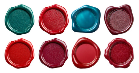 Colorful Wax Seals on White Background with Various Designs and Textures, isolated on transparent background