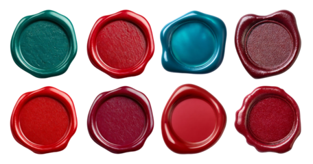 Colorful Wax Seals on White Background with Various Designs and Textures, isolated on transparent background