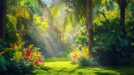Obraz premium Tropical Garden Sunbeams Lush Greenery Paradise