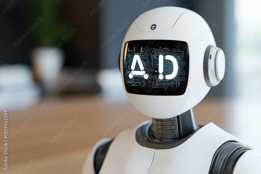 Poster a futuristic robot with a digital display showing 