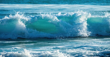 Powerful turquoise waves crashing against the shore, white foam spraying into the air, capturing the raw energy and motion of the ocean under the bright sunlight