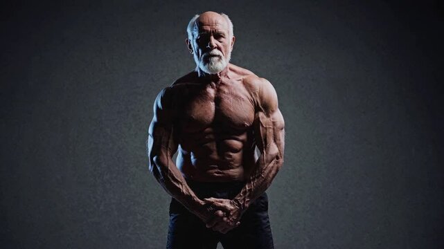Strength Unveiled: A muscular, senior man with a distinguished white beard, exudes power and determination in a striking display of physique.