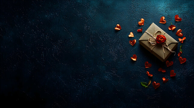 Romantic gift; brown paper package tied with twine and a flower, surrounded by small hearts on a dark blue background; perfect for Valentine's Day greetings