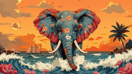 A vibrant elephant adorned with flowers emerges from ocean waves at sunset.