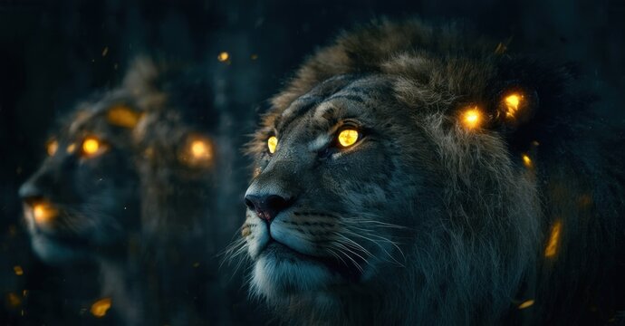 Wild animals with glowing eyes in the night, silently watching from the darkness, captured in a bright, colorful scene that contrasts the eerie calm and the intensity of their gaze