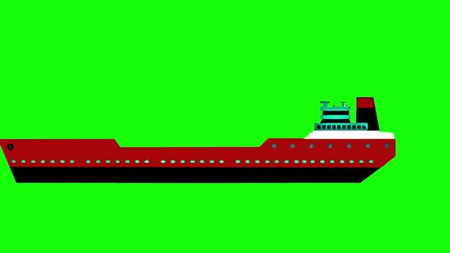 Self-propelled barge, cartoon style, on bright green chroma key background.