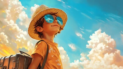 A joyful child wearing a straw hat and sunglasses looks up at a vibrant sky filled with clouds, evoking a sense of adventure and exploration in a sunny travel setting.