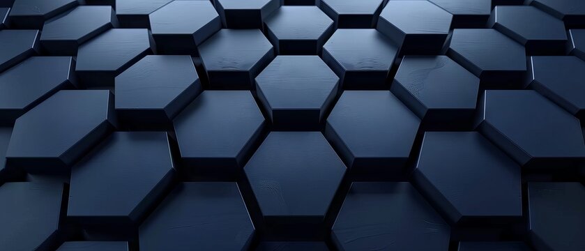 Dark navy hexagonal background with a radial center space, 3D illustration and rendering placeholder for futuristic presentations and technology-focused design visuals - Powered by Adobe