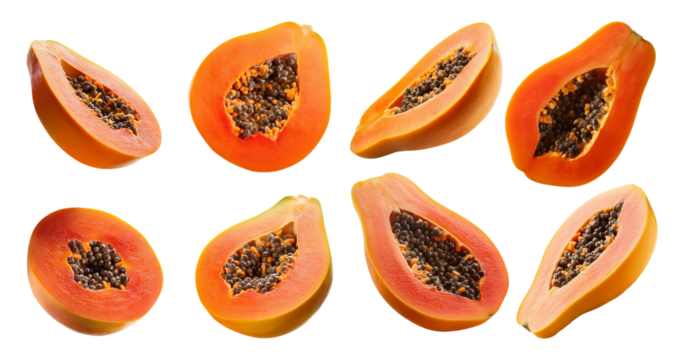 Fresh Papaya Fruit Slices Displayed on White Background, isolated on transparent background