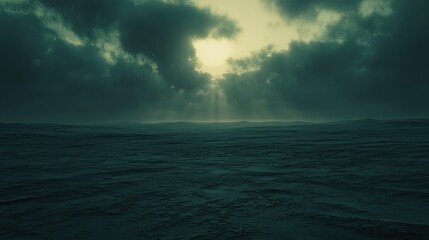 Fototapeta premium Dark oceanic landscape with dramatic clouds and rays of light breaking through the horizon