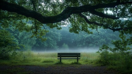 Fototapeta premium Serene park bench surrounded by misty fog in a tranquil green landscape with trees and vibrant foliage
