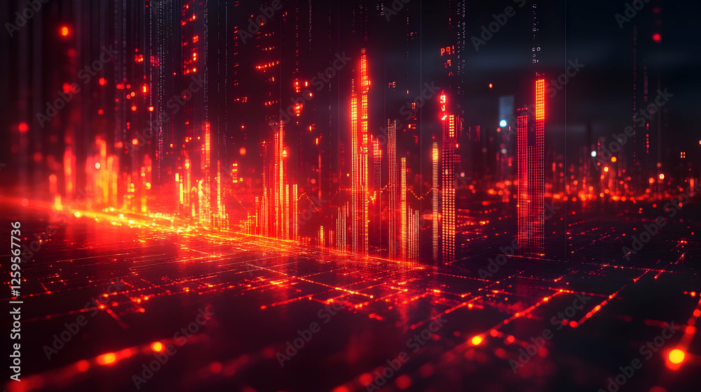 Poster abstract digital landscape with glowing red data streams and lines in a dark environment