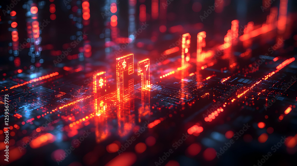 Poster abstract digital landscape with glowing red data streams and circuit patterns