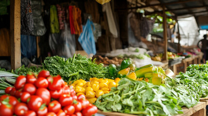 Obraz premium Colorful fresh vegetable stall at outdoor market with organic produce and traditional wooden displays.