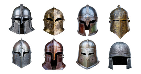 Various Historical Medieval Helmets Displayed on a White Background, isolated on transparent background