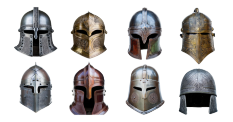 Various Historical Medieval Helmets Displayed on a White Background, isolated on transparent background