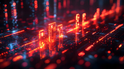 Fototapeta premium Abstract digital landscape with glowing red data streams and circuit patterns