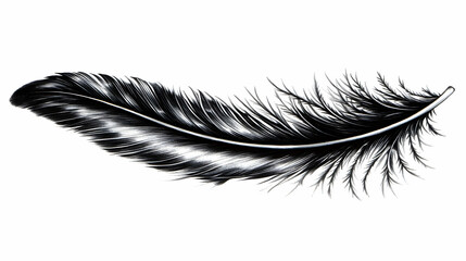 Single black feather, isolated on white background,  design element for print or web