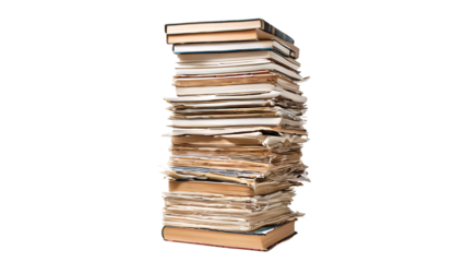 Tall Stack of Old Books and Papers on Black Background