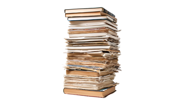 Tall Stack of Old Books and Papers on Black Background