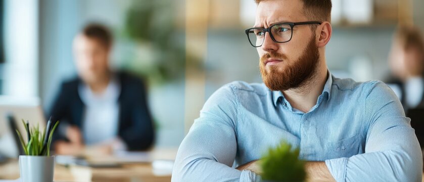 An office scene depicting a tense atmosphere among colleagues. Businesspeople experience stress.