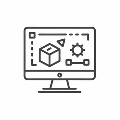 This artwork showcases a computer screen displaying a three-dimensional cube surrounded by design tools, emphasizing the creative process of digital modeling and software interaction.