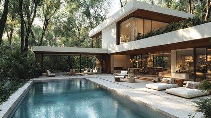 Fototapeta premium Modern house, pool, forest, sunset, luxury lifestyle