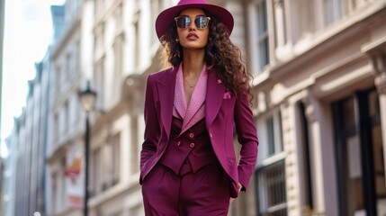 Modern English woman in burgundy threepiece suit with pink accents
