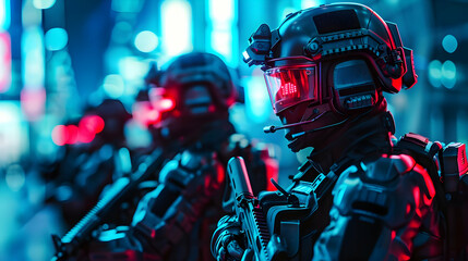 Futuristic soldiers in tactical gear stand guard under neon city lights