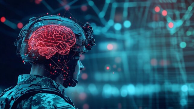 Advanced warfighter profile with glowing digital brain visualization and neural pathways, concept: Artificial intelligence soldiers and the army, 16:9