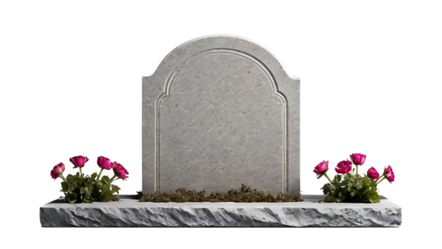 Blank Headstone Grave Memorial with Pink Flowers