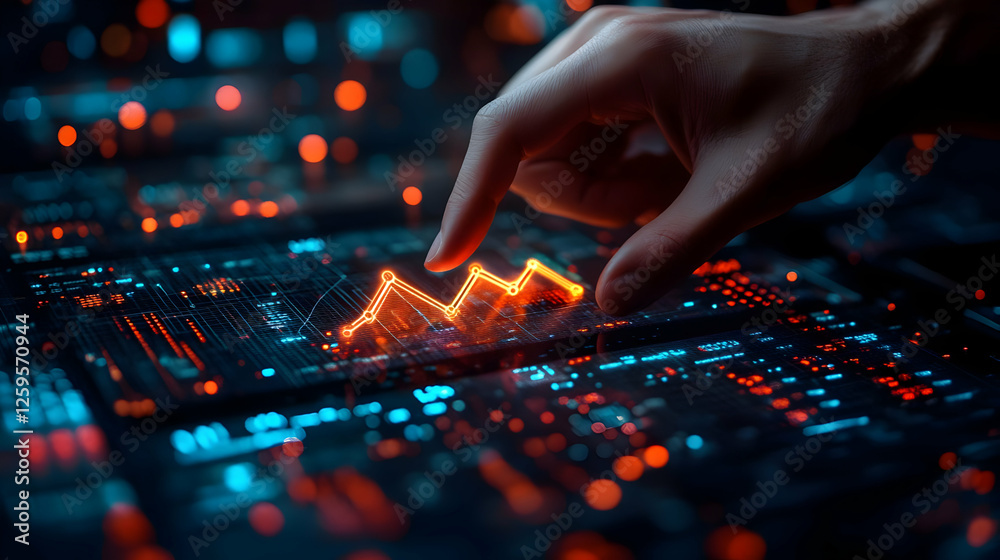 Poster hand interacting with a digital interface displaying data trends and analytics