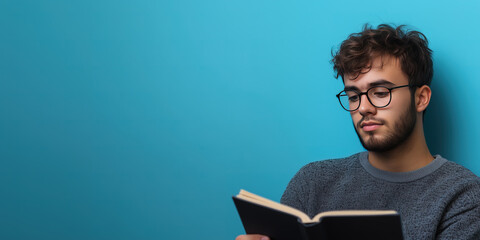 A young man wearing glasses, reading a book with a thoughtful expression, sitting casually with a blue background with copy space