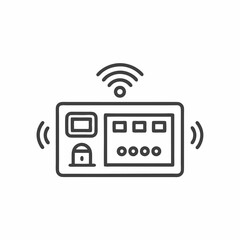 A sleek smart home control panel features various buttons and screens for managing home systems like security, lighting, and climate. Wireless signals suggest connectivity.