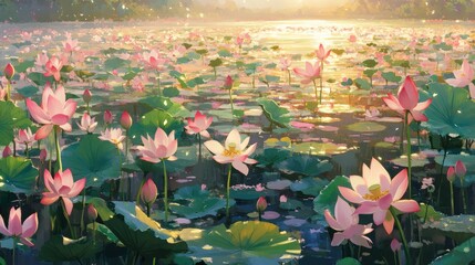 Pink lotus flowers blooming in a serene pond at sunrise, idyllic nature scene for calming backgrounds