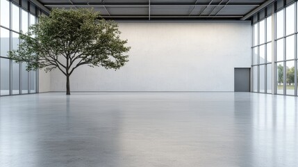 Empty modern industrial space with tree. Interior design concept. Potential use in architecture or design magazines