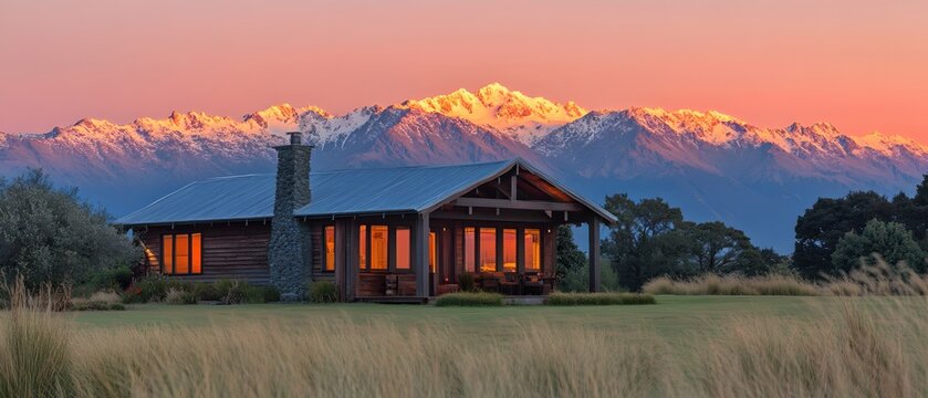 Rustic Cabin Retreat at Sunset with Snowy Mountain Backdrop Offering Serene Tranquility - Powered by Adobe
