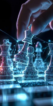 Chessboard Made of Glowing Data Streams Symbolizing Strategic Information Management