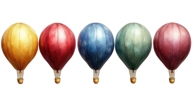 Colorful Hot Air Balloons in a Row: A vibrant display of five hot air balloons, each boasting a different color, lined up in a row against a background, creating a captivating visual